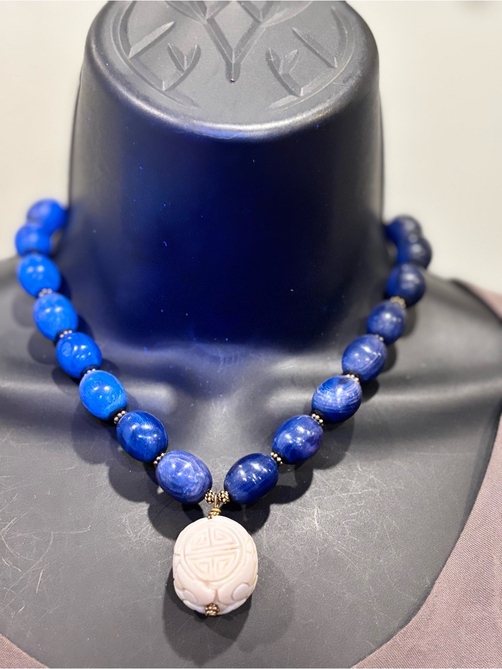 Sterling Black Beaded Necklace with Cream Carved Pendant - Women Jewelry